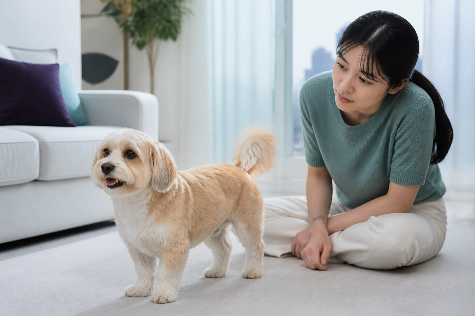 평소처럼 서 있는 강아지의 움직임을 세심하게 관찰하는 한국인 보호자