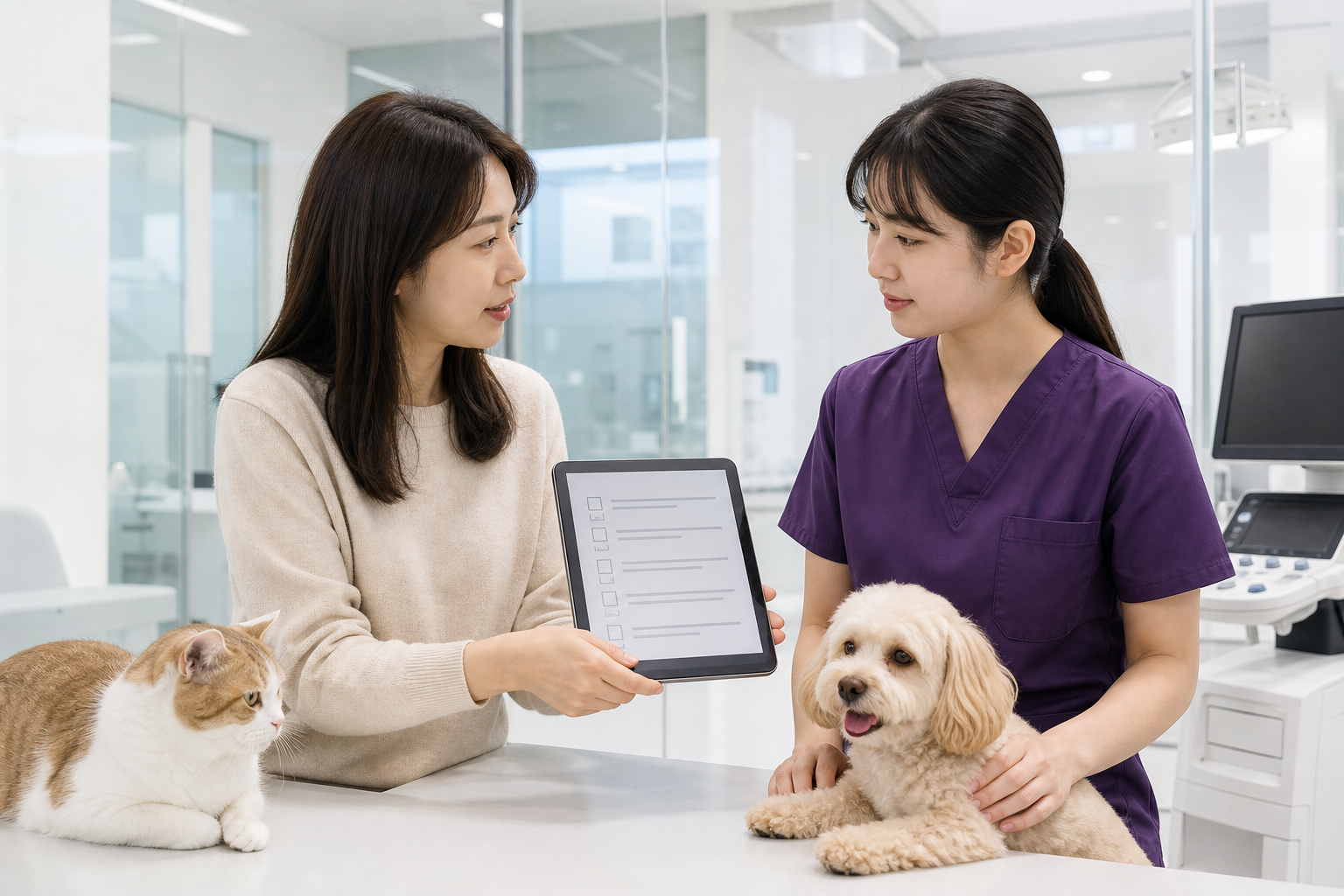 현대적인 동물병원에서 증상 기록을 설명하는 한국인 보호자와 동물보건사