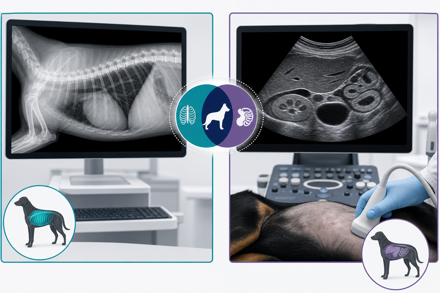강아지의 X-ray 전체 구조와 초음파 연부조직 영상을 나란히 비교한 안내