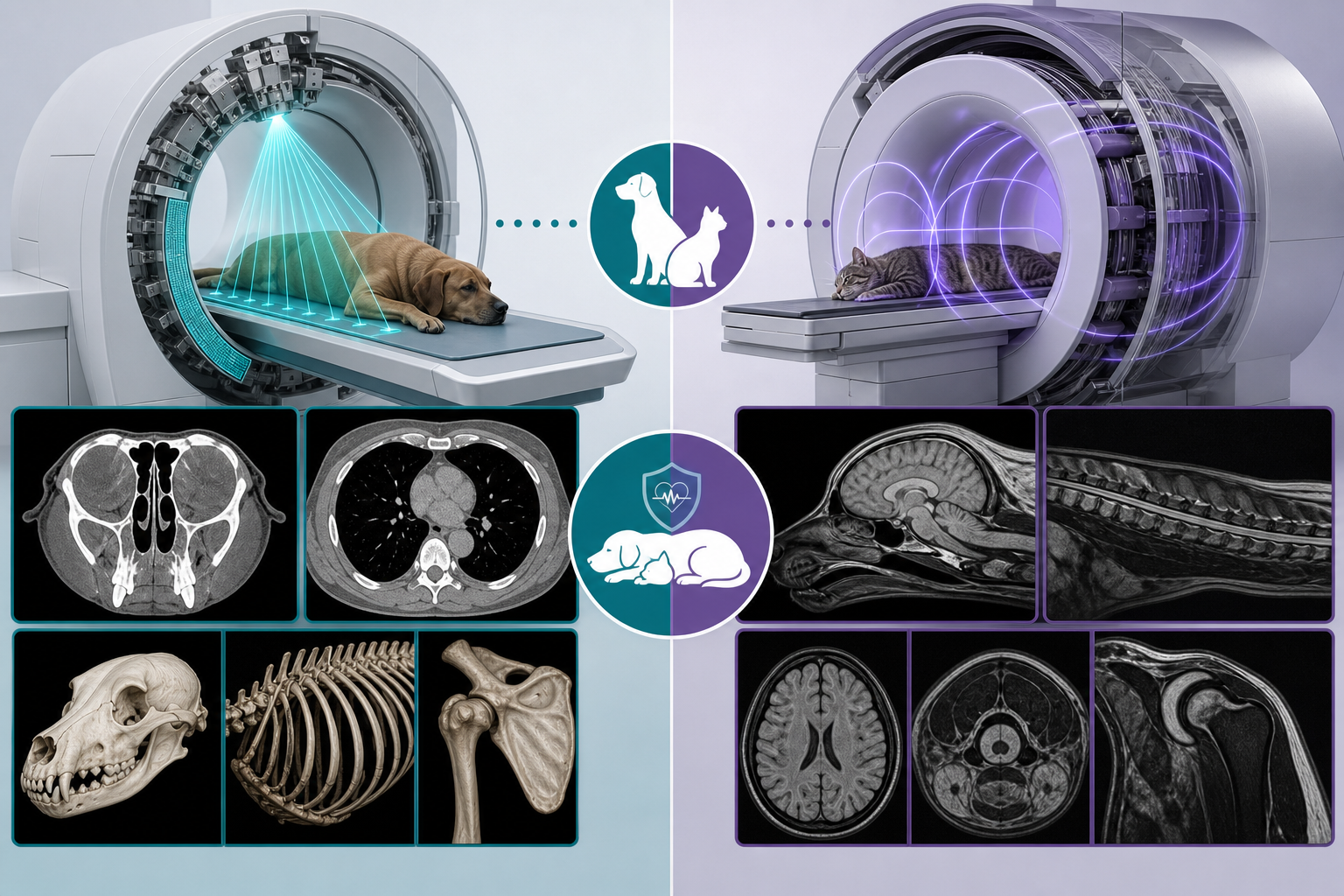 동물의 CT와 MRI 장비·단면영상·강점 부위를 나란히 비교한 안내