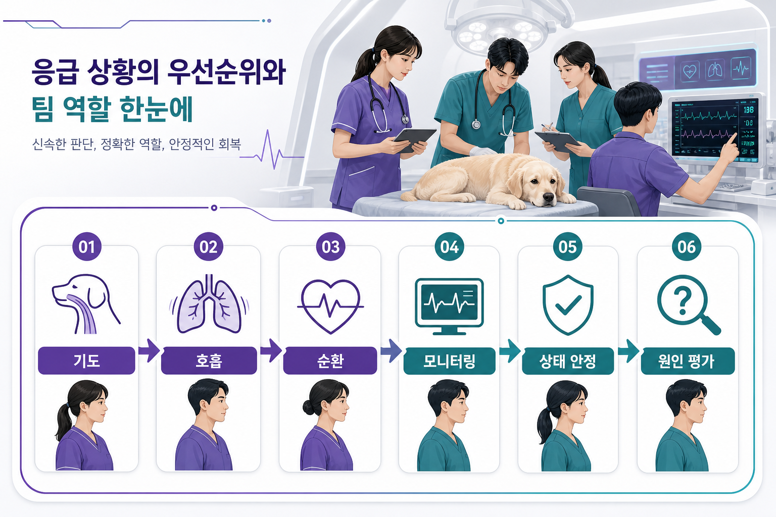동물병원 응급 상황의 기도·호흡·순환·모니터링·안정·원인 평가 순서