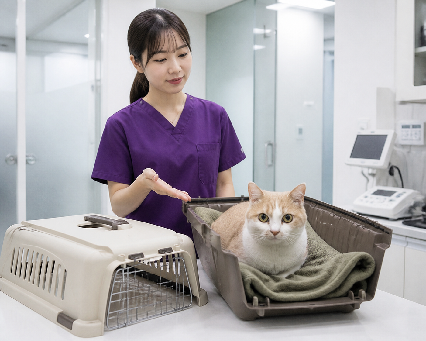 익숙한 담요가 깔린 상하 분리형 이동장에서 쉬는 고양이