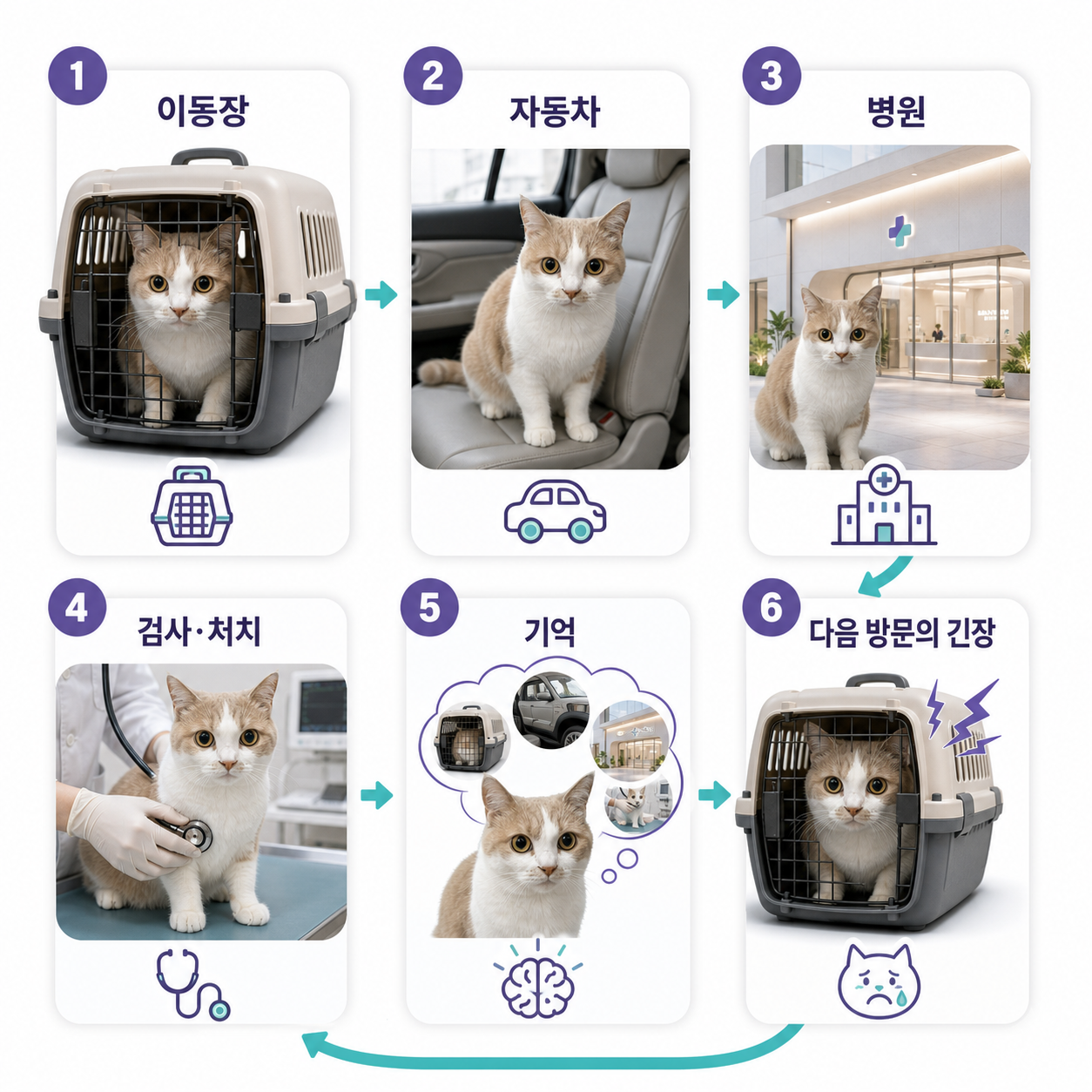 이동장부터 다음 병원 방문의 긴장까지 이어지는 경험 학습 과정