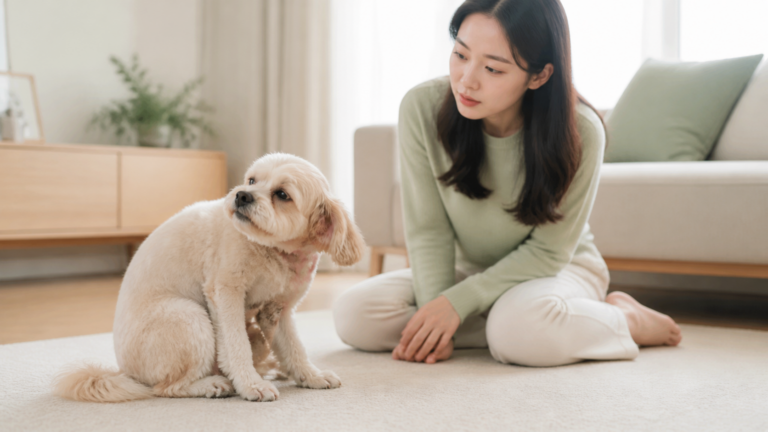집에서 귀의 불편함을 보이는 강아지를 세심하게 관찰하는 한국인 보호자