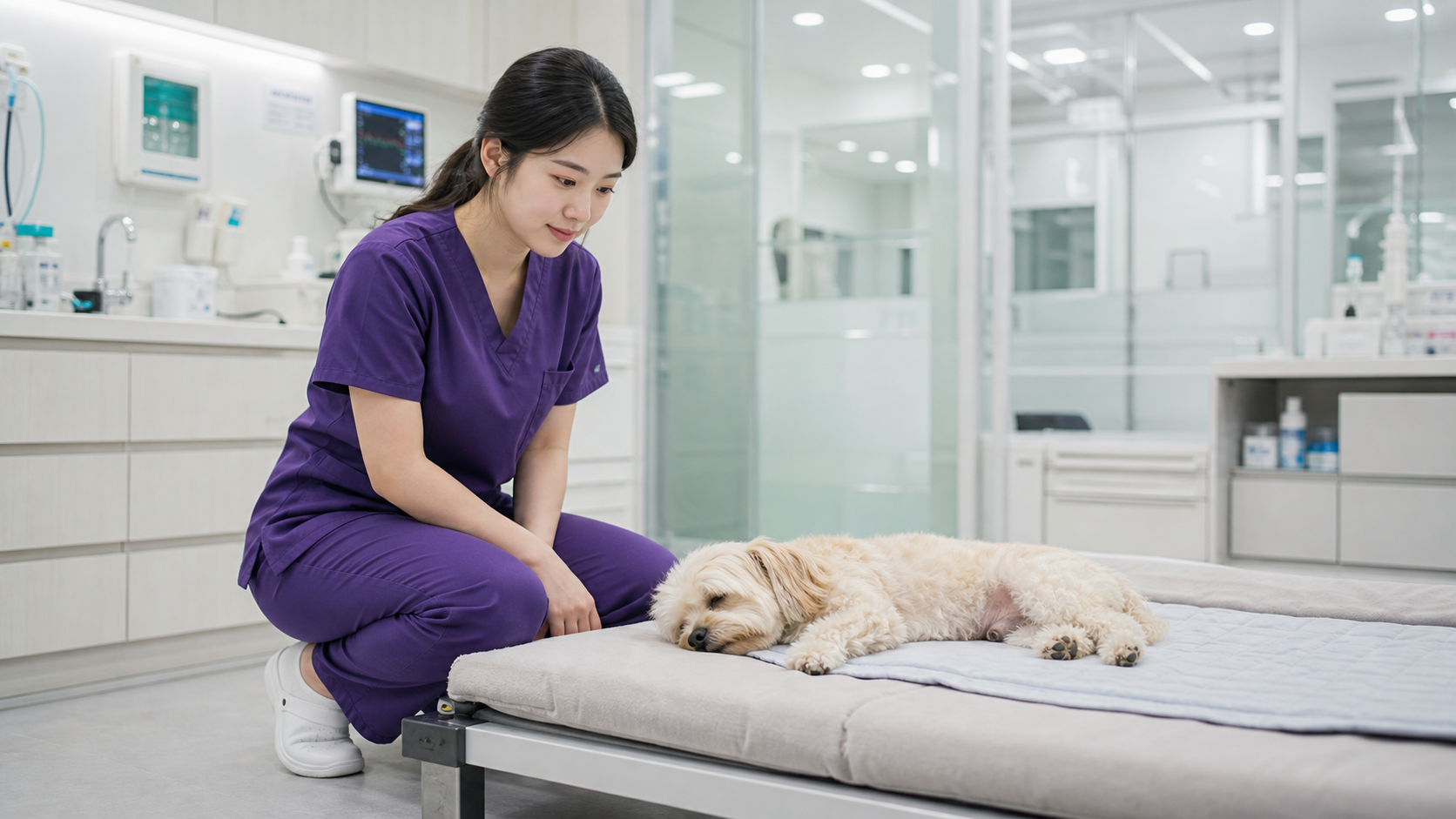 현대적인 한국 동물병원에서 자주색 가운을 입은 젊은 의료진이 마취 회복 중인 강아지의 호흡과 반응을 관찰하는 모습