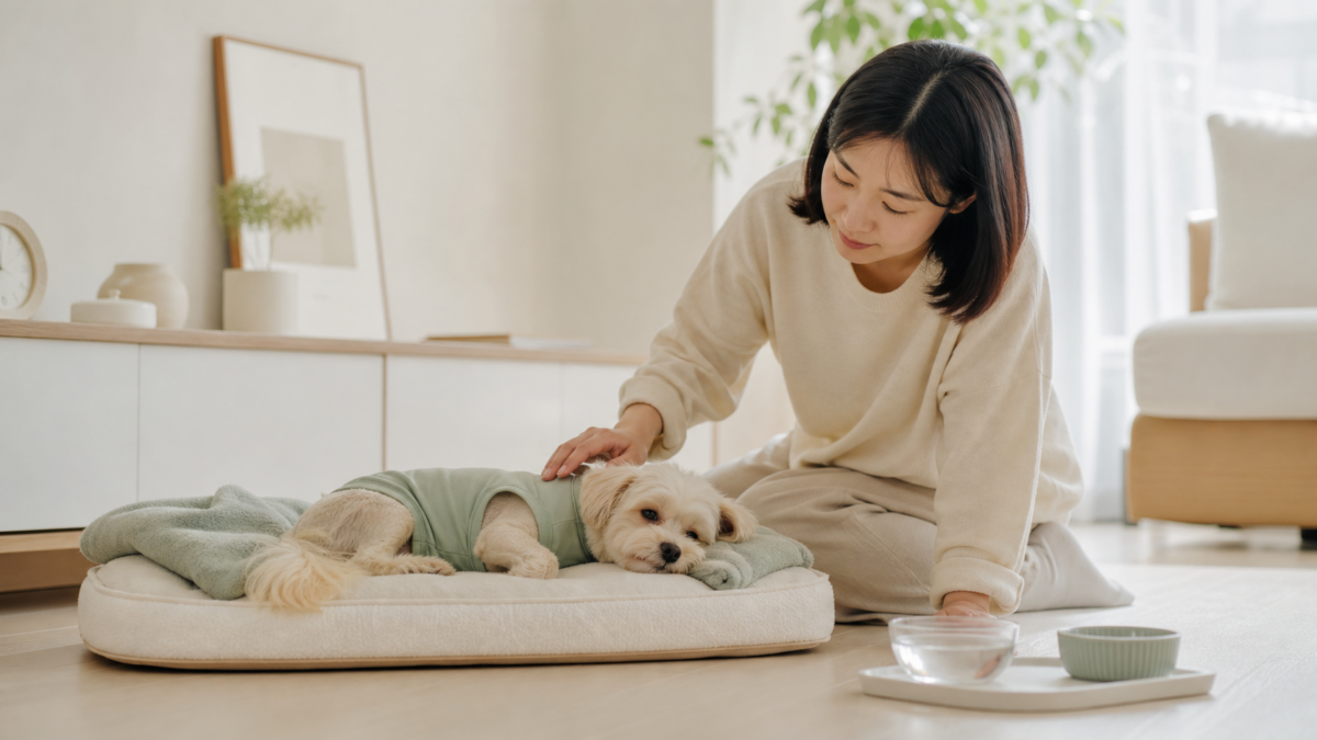 수술 후 회복복을 입고 편안히 쉬는 강아지의 반응을 조용히 확인하는 한국인 보호자